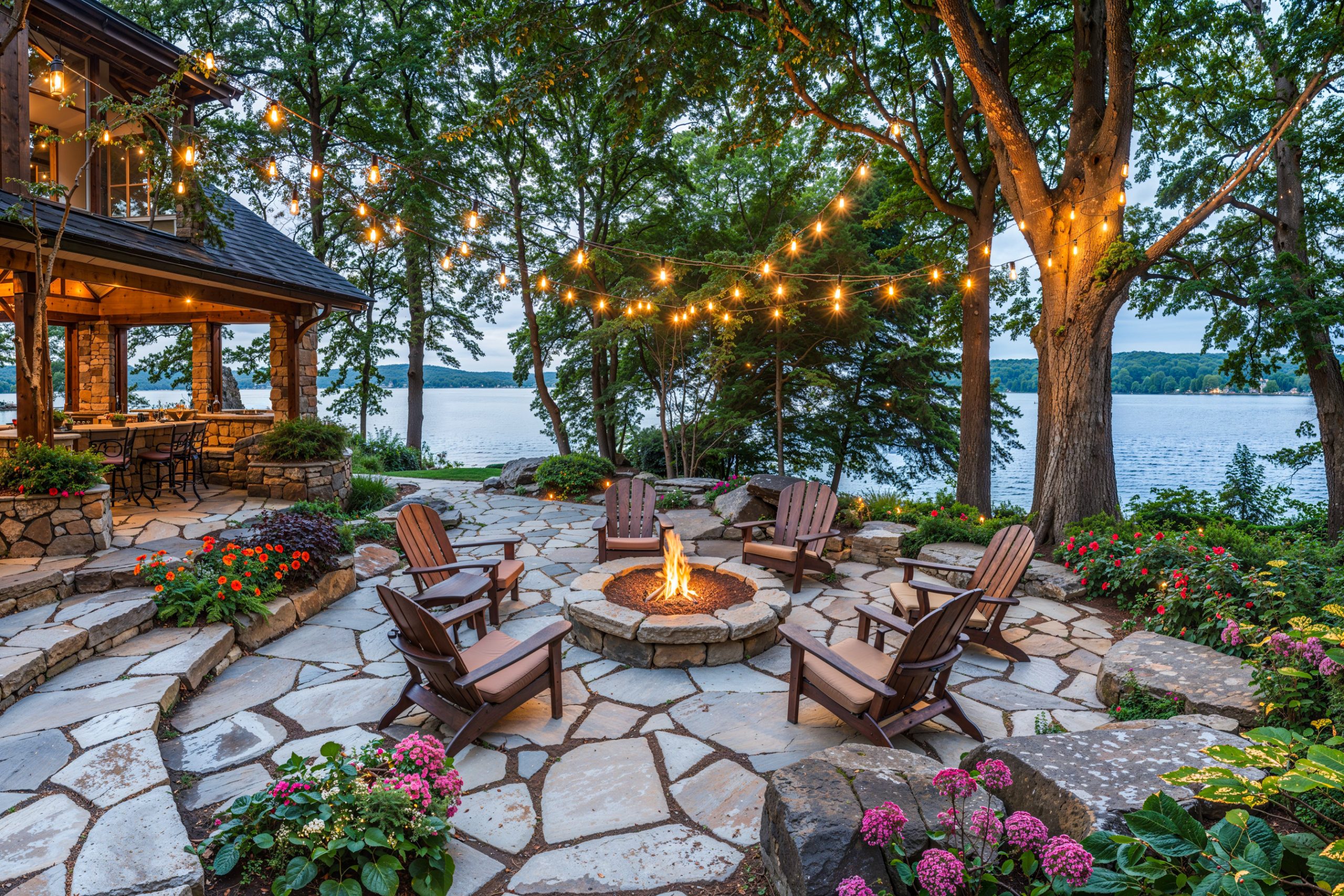 Stone firepit with chairs and light strands on lake waterfront, exterior backyard home design Lakeside patio with Adirondack chairs around a fire pit, string lights above, surrounded by trees and flowers.