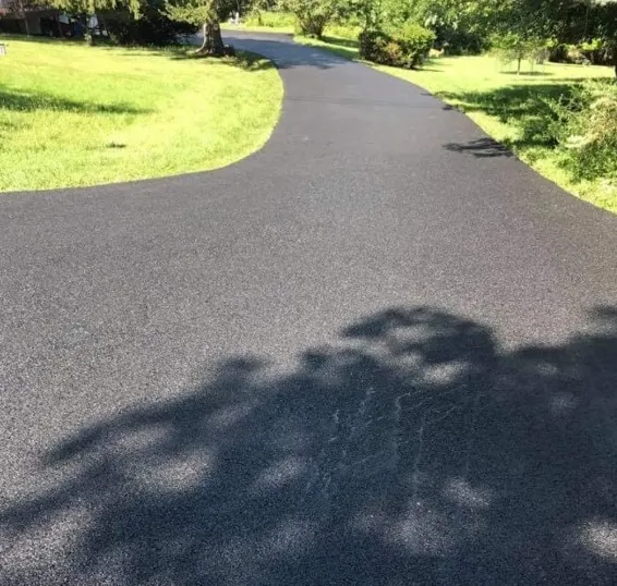 blacktop-2 A freshly paved asphalt driveway curves through green grass and trees on a sunny day.