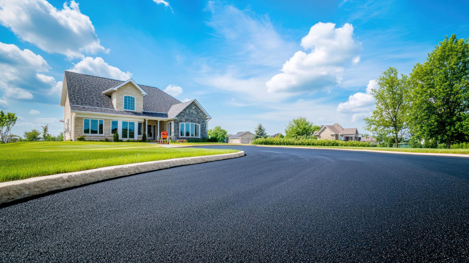 A suburban house with a large lawn sits next to a freshly paved road under a blue sky with clouds.